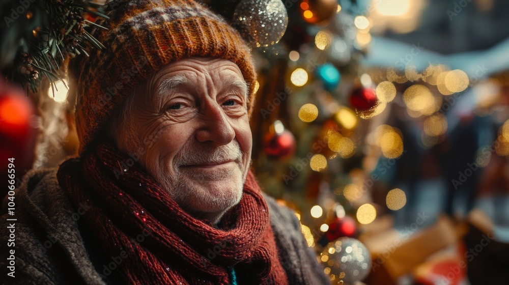 Smiling elderly man in winter hat near a beautifully decorated Christmas tree Smiling elderly man in winter hat near a beautifully decorated Christmas tree