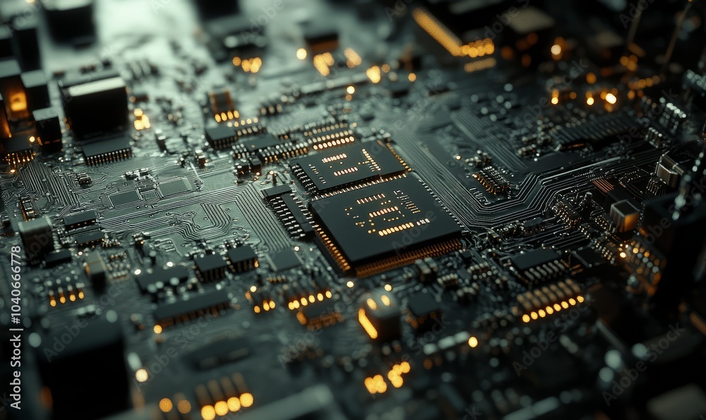 A closeup view reveals detailed circuitry on a microchip, enhanced by focused lighting, showcasing the advanced technology of modern electronics A closeup view reveals detailed circuitry on a microchip, enhanced by focused lighting, showcasing the advanced technology of modern electronics