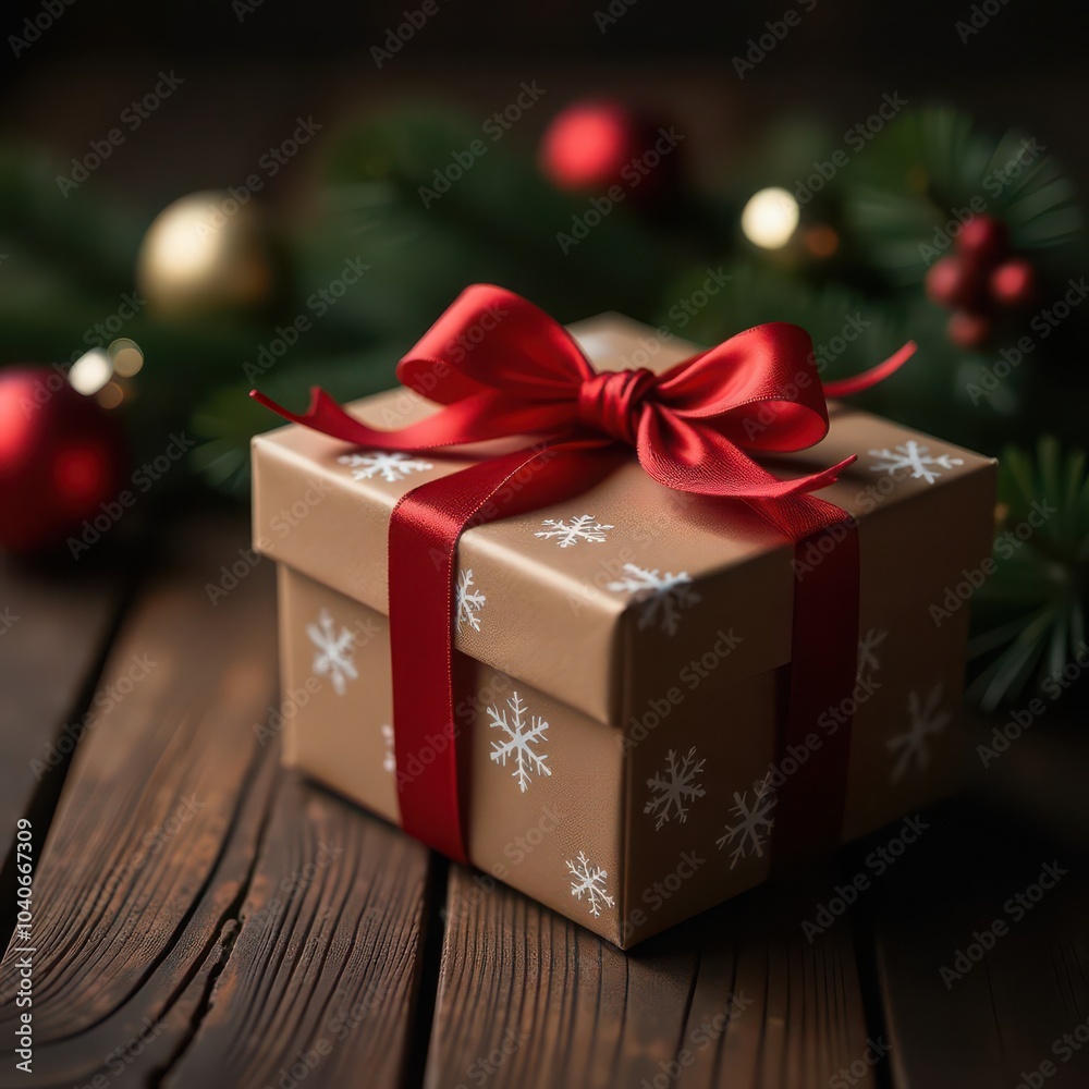 close up Festive christmas gift box with red bow on wood table, Festive background . close up Festive christmas gift box with red bow on wood table, Festive background .