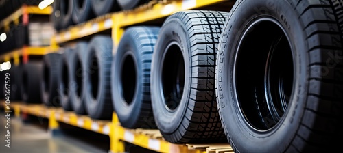 Tires displayed on shelves in a warehouse showcasing various sizes and tread patterns for vehicles