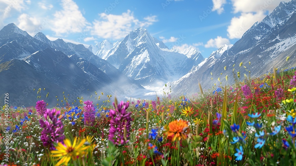 Fototapeta premium A high-altitude meadow in the Himalayas covered in colorful wildflowers, with towering snowy peaks in the background