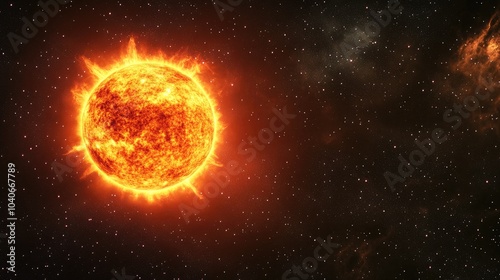 Bright Sun against a dark starry sky in a 3D cartoon rendering of the Solar System