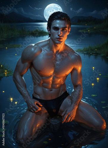 Illustration of Handsome Mysterious Vampire Man Crouching in Water of a Moonlit Pond Wearing Black Briefs and Surrounded by Fireflies With Full Moon, Mountains, and Water in Background
