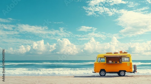 A horizontal template with copy space, a caravan on the beach, and a fast food truck surfing