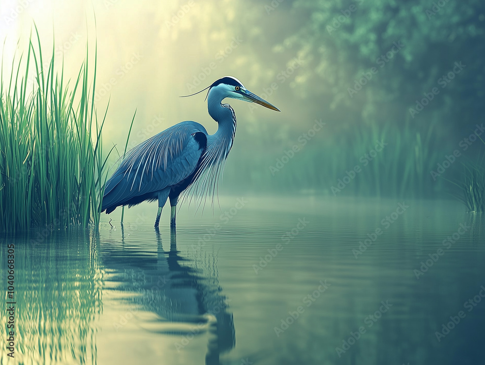 Naklejka premium A heron standing still in a tranquil pond surrounded by reeds