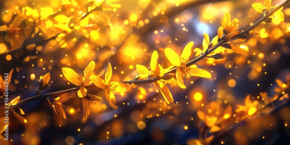 Close-up of forsythia branches adorned with vibrant yellow flowers, Close-up of forsythia branches with bright yellow flowers