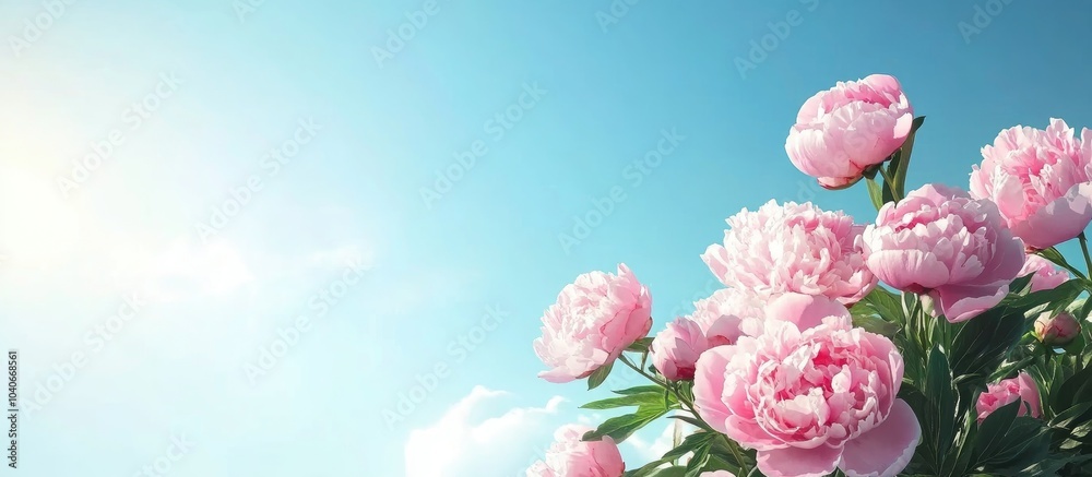 Pink Peonies Flowers On The Bush On The Blue Sky Background Pink Peonies Flowers On The Bush On The Blue Sky Background