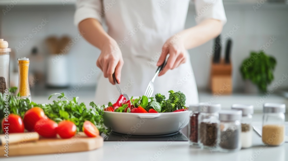 A dietitian preparing a personalized meal plan with fresh ingredients in a bright kitchen, with nutrition guides and recipe cards visible, Healthy style A dietitian preparing a personalized meal plan with fresh ingredients in a bright kitchen, with nutrition guides and recipe cards visible, Healthy style