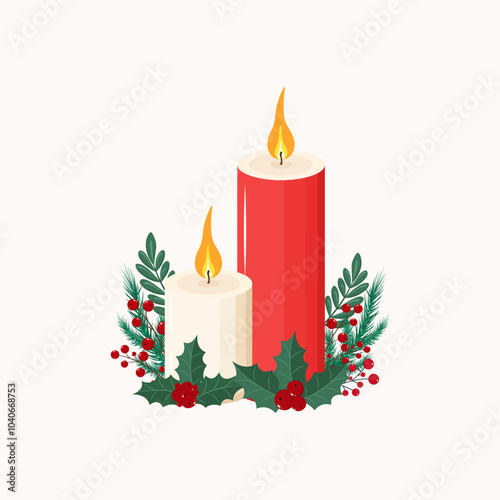 Christmas candles with mistletoe. Vector illustration.