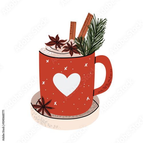 Winter coffee drink in cute red cup with heart. Coffee with cinnamon decorated with spruce branch. Vector illustration in flat style. White isolated background.