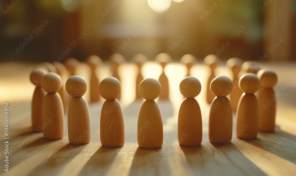 Group of wooden human figures standing in a circle representing teamwork, unity, and community on a blurred background indoors Group of wooden human figures standing in a circle representing teamwork, unity, and community on a blurred background indoors