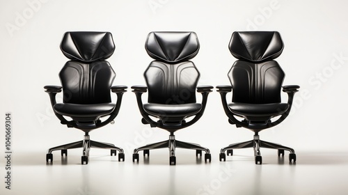 Set of three sleek black ergonomic executive chairs featuring high backrests and headrests, arranged side by side on a light background..