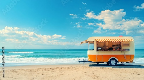 A horizontal template with copy space, a caravan on the beach, and a fast food truck surfing