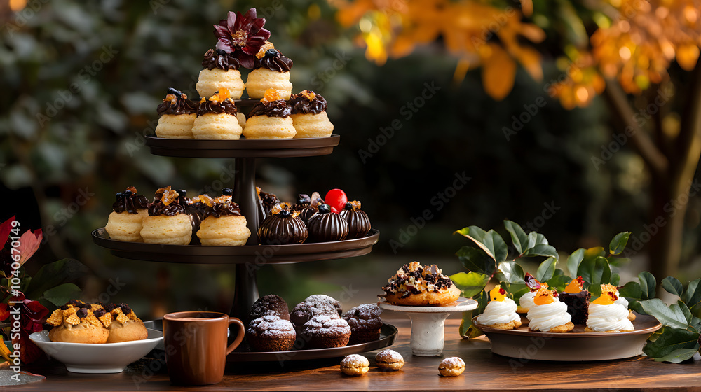 Stunning Tiered Cake Stand Display of Flavorful Profiteroles for a Festive Party Celebration with Elegant Touches Stunning Tiered Cake Stand Display of Flavorful Profiteroles for a Festive Party Celebration with Elegant Touches
