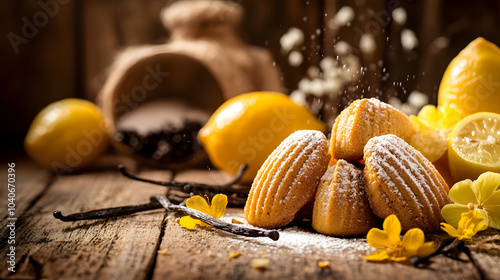 A Close-Up View of Freshly Baked Madeleines with Powdered Sugar and Aromatic Ingredients Like Vanilla and Lemon photo