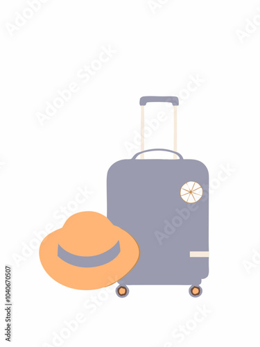 Travel suitcase, beach hat and air tickets. Spinner wheel luggage and summer sunhat. Modern touristic baggage for vacation trip, holiday voyage. Flat vector illustration isolated on white background