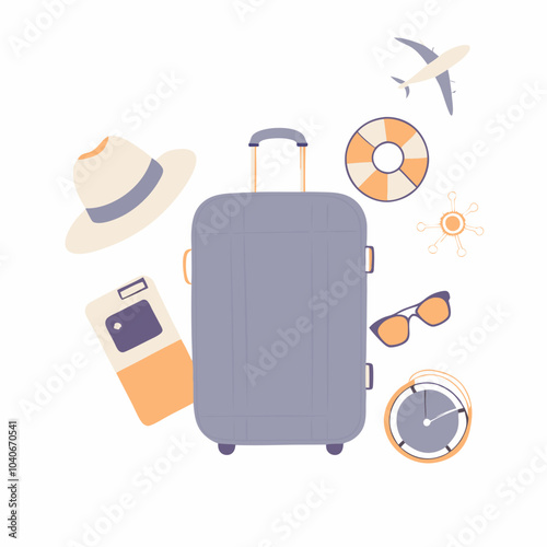 Travel suitcase, beach hat and air tickets. Spinner wheel luggage and summer sunhat. Modern touristic baggage for vacation trip, holiday voyage. Flat vector illustration isolated on white background