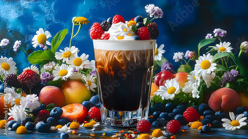 Artistic Depiction of Mazagran Coffee Surrounded by Vibrant Summer Fruits and Flowers Celebrating Refreshment and Indulgence photo