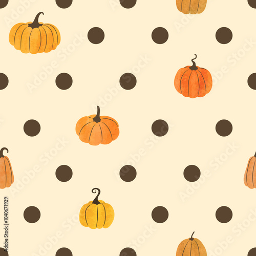 Seamless polka dot Halloween pattern with watercolor pumpkins. Wrapping paper design