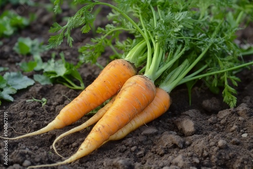 Freshly harvested carrots lying on the ground