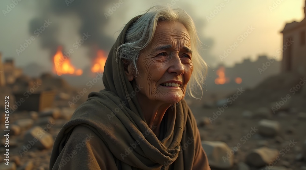 Elderly Woman in War Zone Amidst Destruction Elderly Woman in War Zone Amidst Destruction