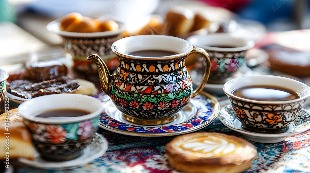 An Elegant Setup of Traditional Turkish Coffee Served with Decorative Cups and Local Pastries in a Cozy Cafe An Elegant Setup of Traditional Turkish Coffee Served with Decorative Cups and Local Pastries in a Cozy Cafe