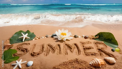 Fototapeta samoprzylepna Beach scene with 'SUN' and 'SUMMER' spelled out in sand with shells.