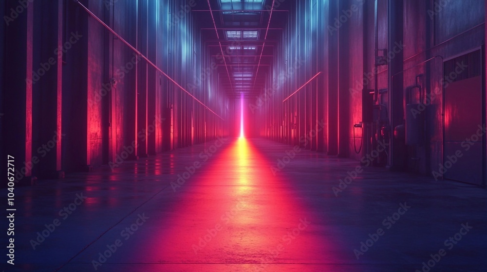 A Thriller movie set in a modern, empty dairy factory at night. Rainbow Color trail dding a surreal and otherworldly element to the scene. A Thriller movie set in a modern, empty dairy factory at night. Rainbow Color trail dding a surreal and otherworldly element to the scene.