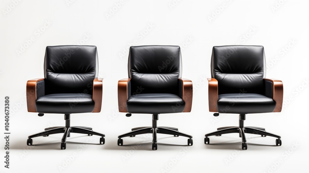 Set of three black leather office chairs featuring elegant wood armrests, arranged in a row on a white background.. Set of three black leather office chairs featuring elegant wood armrests, arranged in a row on a white background..