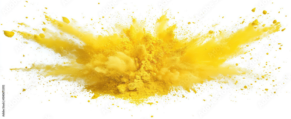 Yellow color dry powder explosion on transparent cutout background, overlay,  PNG file. Mockup clipart template