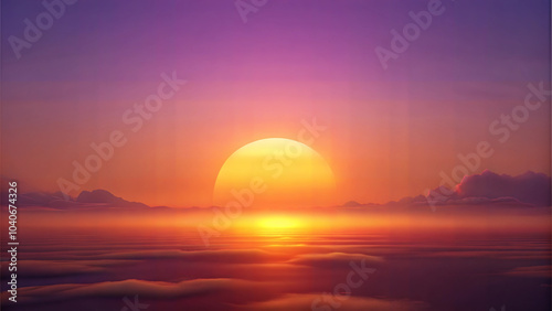 Sunset in vibrant colors over the horizon with clouds and ocean reflections