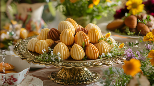 A Vibrant Tea Party Display Featuring An Array of Madeleines in Various Flavors Adorned with Fresh Herbs and Edible Flowers photo