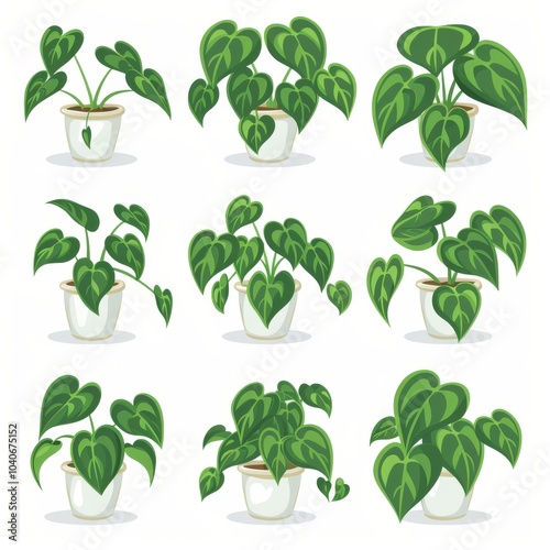 Heart-leaf Philodendron (Philodendron hederaceum) Pot Plant Icon Set, Philodendron Plant Flat Design photo