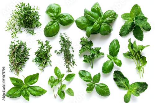 Fresh herbs set isolated, parsley, basil leaves, thyme, mint seasoning, raw green condiment sprig collection