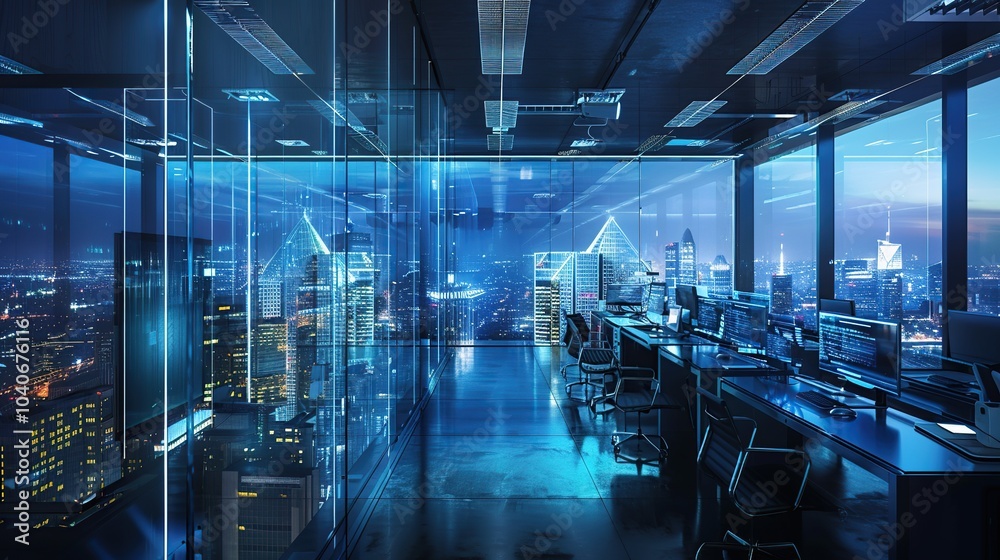 A high-tech office with smart desks, digital whiteboards, integrated technology, and ambient lighting for a futuristic look A high-tech office with smart desks, digital whiteboards, integrated technology, and ambient lighting for a futuristic look
