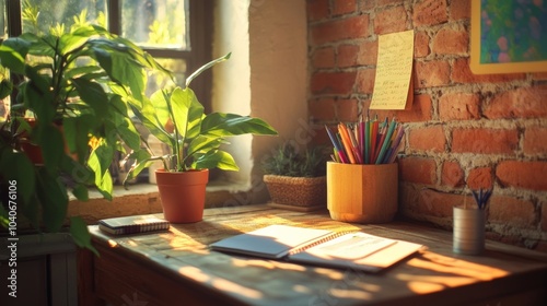 Cozy workspace with natural light and plants beside a wooden desk filled with stationery and art supplies in a warm setting.