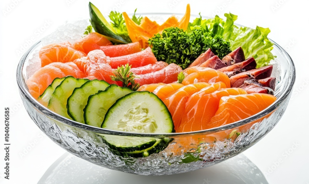 A vibrant bowl of sashimi and fresh vegetables arranged artfully on white reflecting soft shadows A vibrant bowl of sashimi and fresh vegetables arranged artfully on white reflecting soft shadows