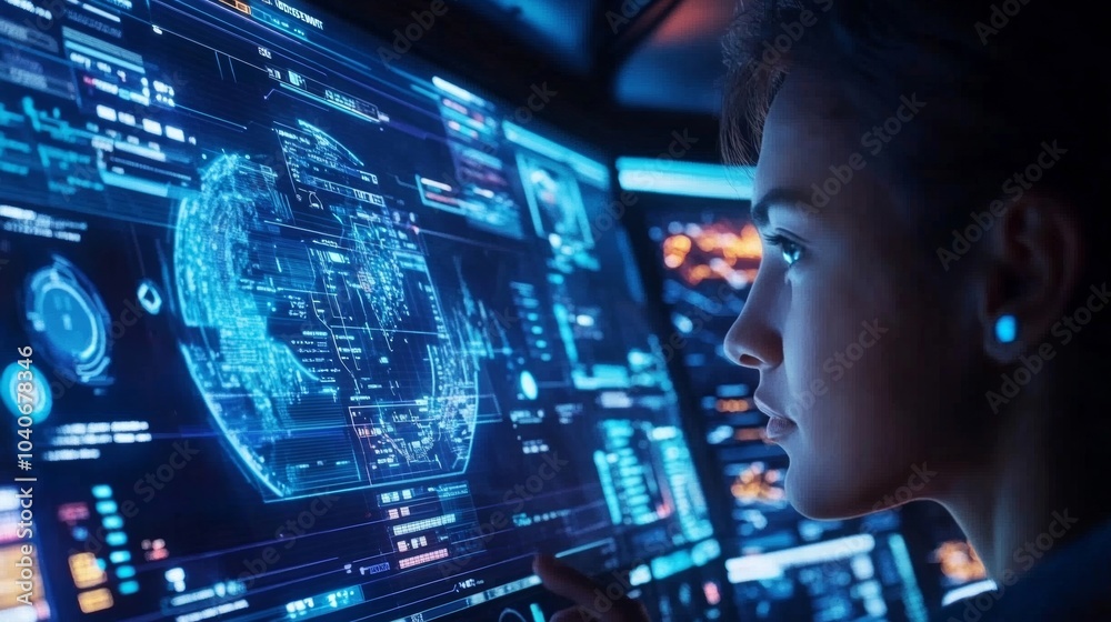 A young woman interacts with a futuristic digital display showcasing a glowing world map and data. Technology and innovation at its best. A young woman interacts with a futuristic digital display showcasing a glowing world map and data. Technology and innovation at its best.