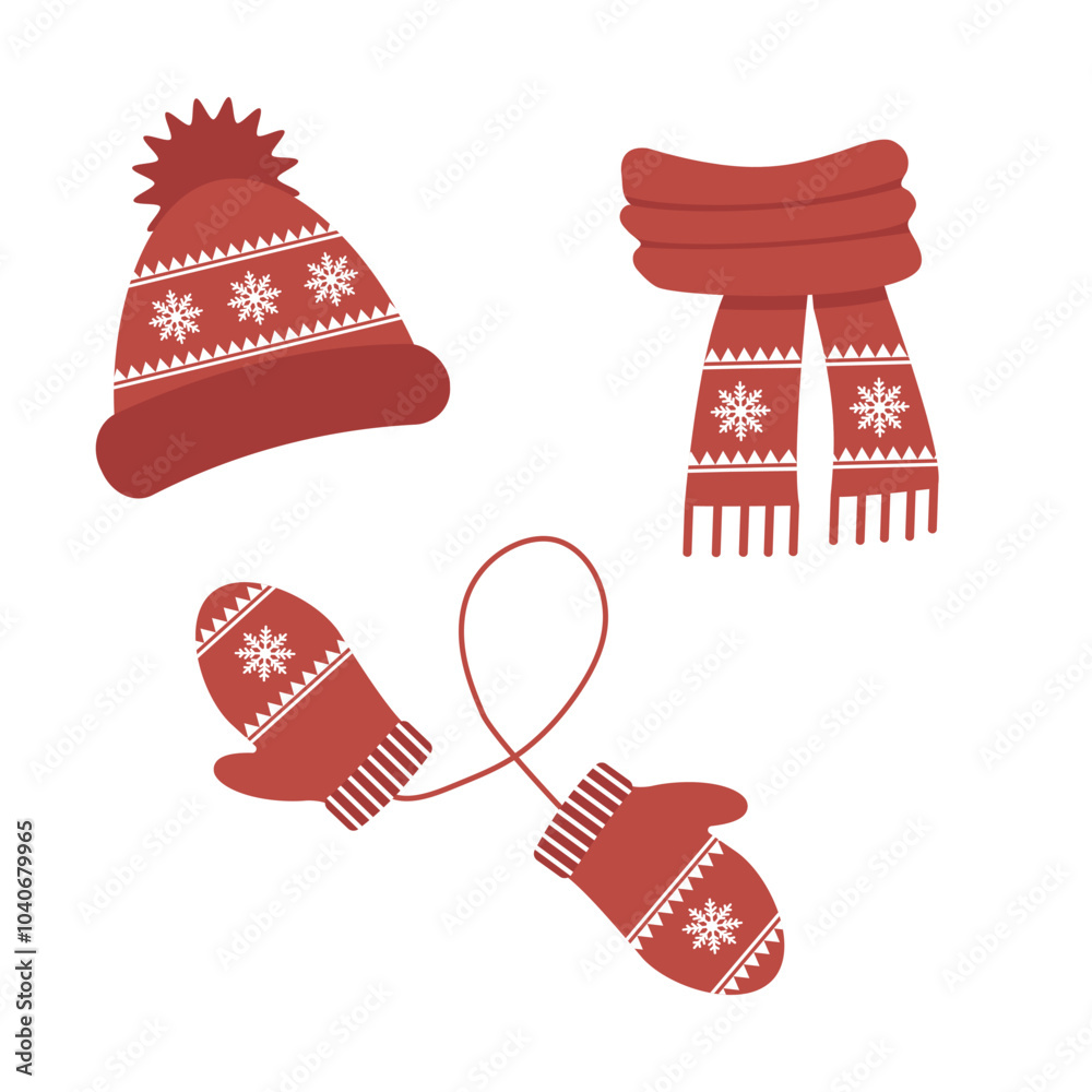 Winter set accessories in red color. Hat, scarf, and mittens with scandinavian pattern. Cartoon flat vector illustration