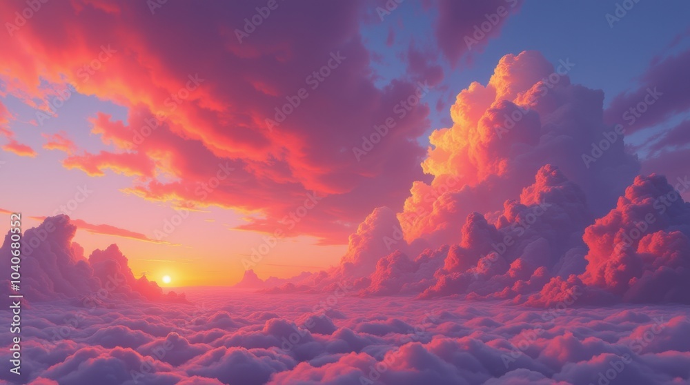 Fototapeta premium A breathtaking sunset sky filled with dramatic clouds illuminated in rich shades of crimson and fiery orange.