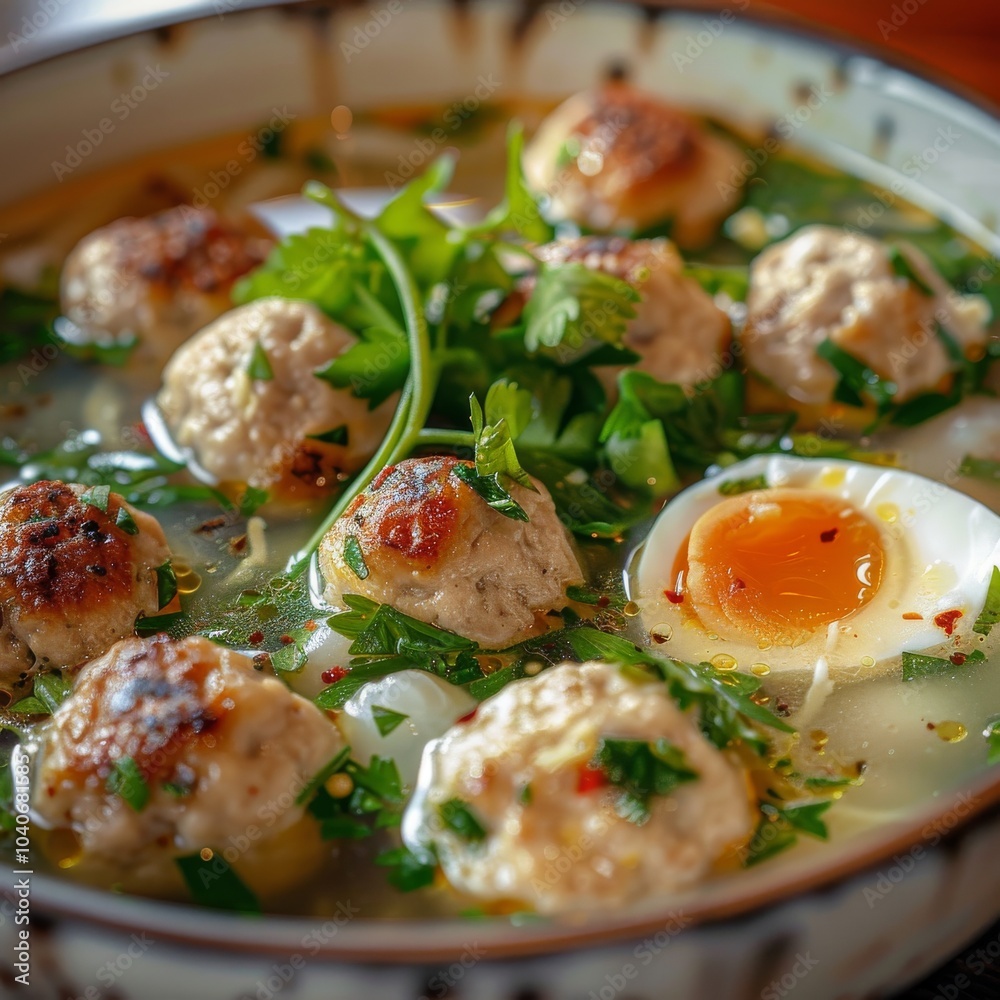 Chicken Soup with Meatballs, Clear Sturdy Seasoned Broth with Turkey Meat Balls, Boiled Quail Egg