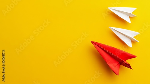 A top-down illustration of several white origami paper airplanes chasing a single red paper airplane, set against a bright yellow background. 