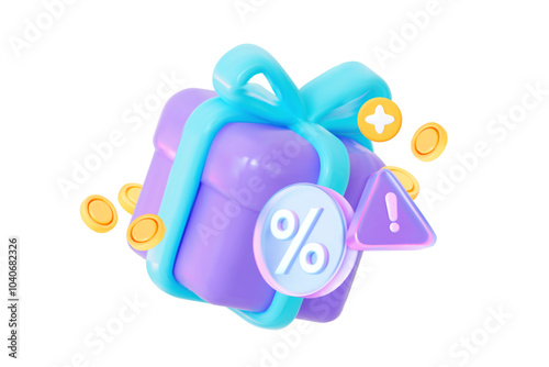 Gift notification with a percent sign and flying coins. Designed to attract attention to cash back, bonuses, and winnings. Creative vector image.