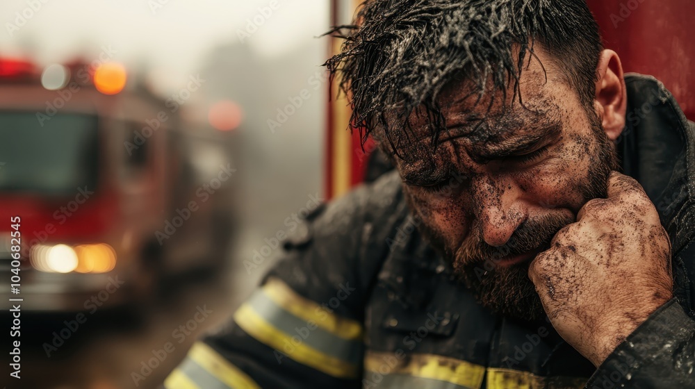 A weary firefighter, covered in soot and sweat, sits pensively against a fire truck, reflecting on the intense battle against flames, showing resilience and dedication. A weary firefighter, covered in soot and sweat, sits pensively against a fire truck, reflecting on the intense battle against flames, showing resilience and dedication.