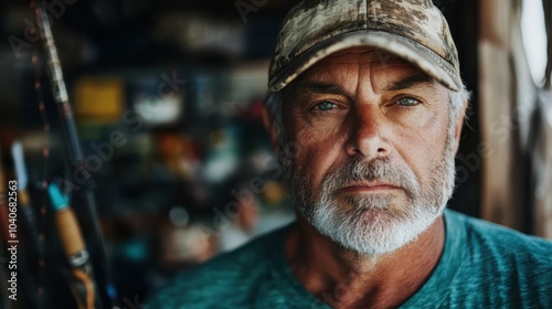 Wallpaper Mural A mature fisherman with a serious expression and a cap, stands in his old, rustic shed, surrounded by fishing gear, conveying wisdom and expertise in simplicity. Torontodigital.ca