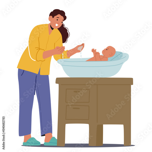 Mother Character Tenderly Cares For Her Infant During Bath Time At Home Creating A Warm And Loving Atmosphere