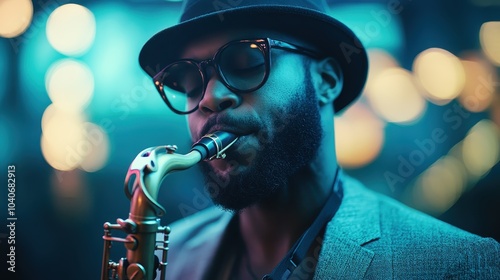 A musician dons sunglasses and a hat as he passionately plays the saxophone, bathed in vibrant blue and purple lights, representing creativity and funk. photo