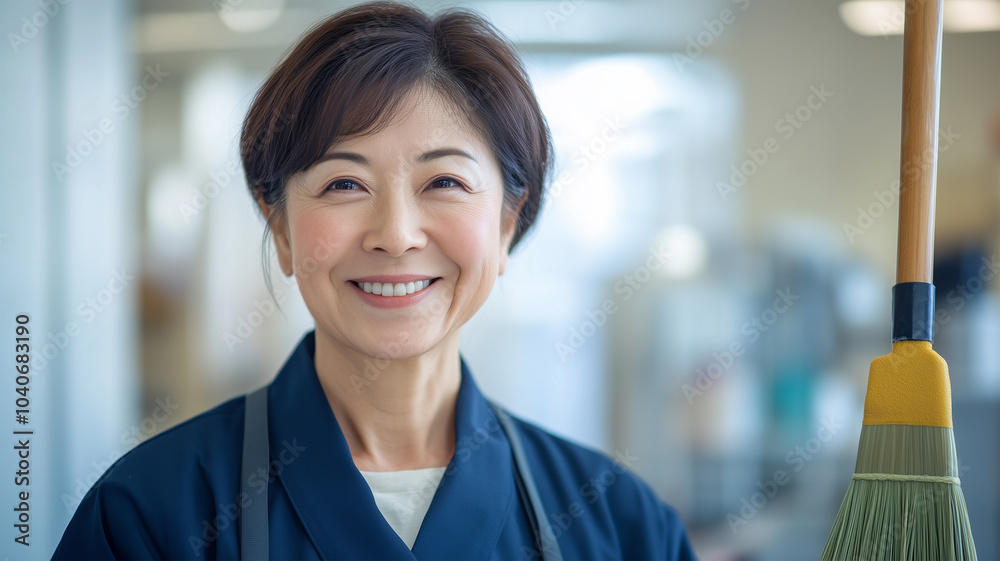 笑顔の日本人女性清掃員 笑顔の日本人女性清掃員