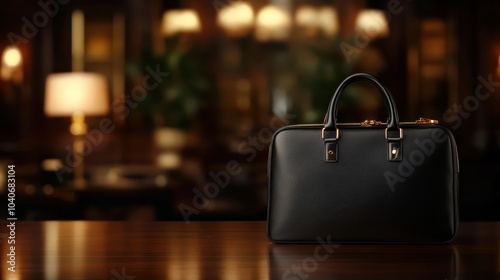 A sleek black briefcase with metallic accents is positioned prominently on a wooden desk, in a refined room illuminated by ambient soft lighting. photo