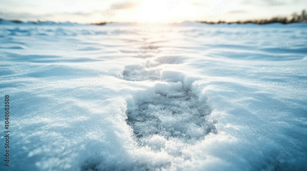 Footprints form a neat path through fresh, untouched snow towards a sunlit horizon, signifying a journey or adventure with hope and perseverance. Footprints form a neat path through fresh, untouched snow towards a sunlit horizon, signifying a journey or adventure with hope and perseverance.